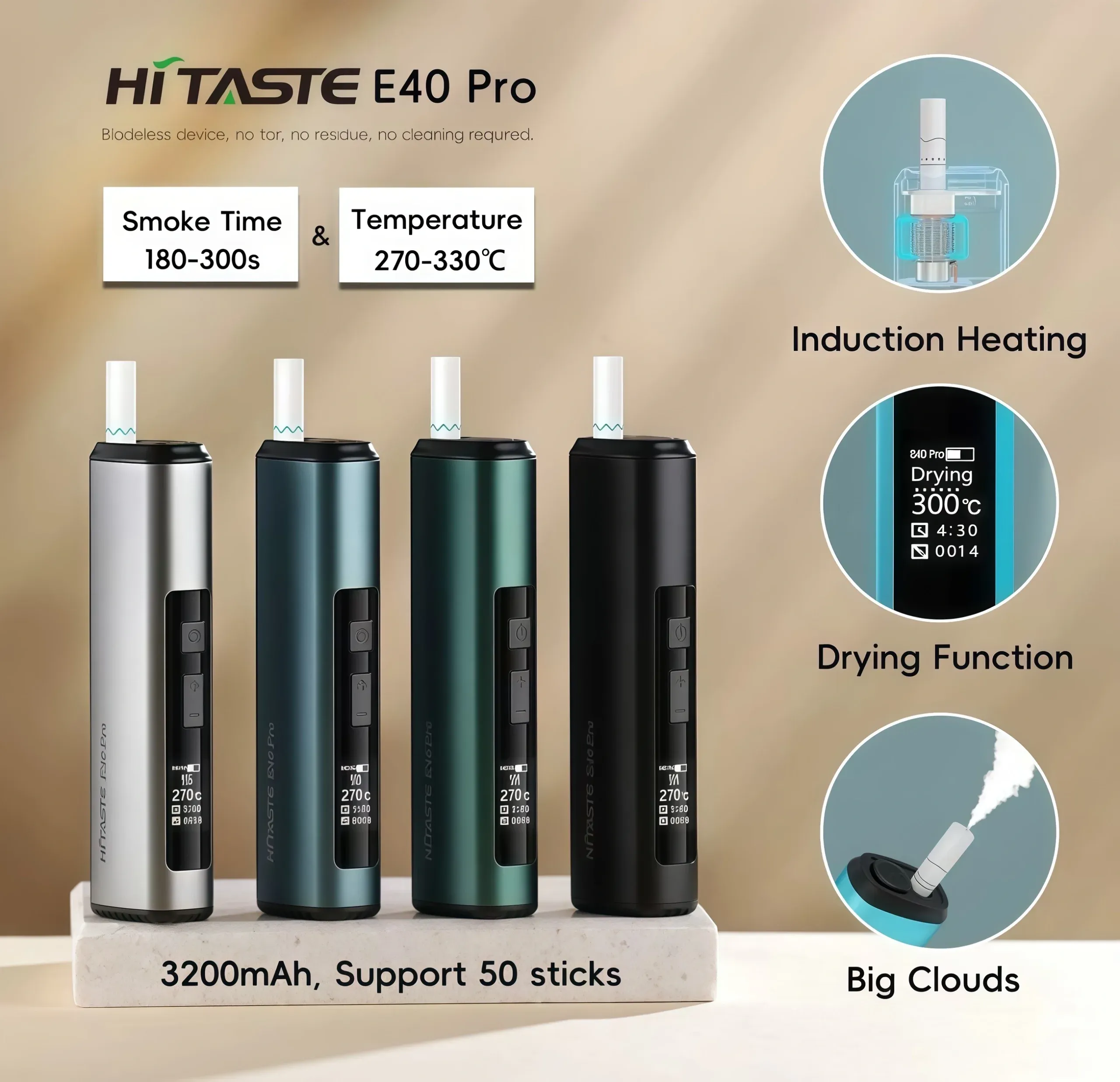 HiTaste E40 PRO 加熱菸主機|適用 TEREA煙彈 4色可選|日本原裝進口 電磁感應加熱 獨家菸彈乾燥模式 OLED螢幕:圖片 2